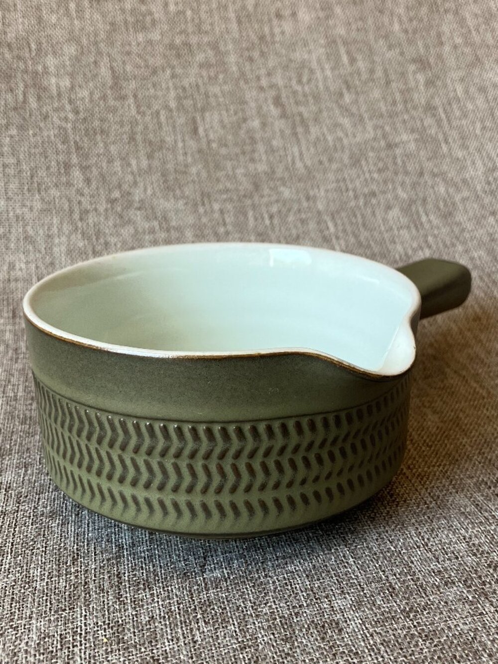 Denby Camelot Embossed Chevrons Spout Dark Olive Green Handled Gravy Boat